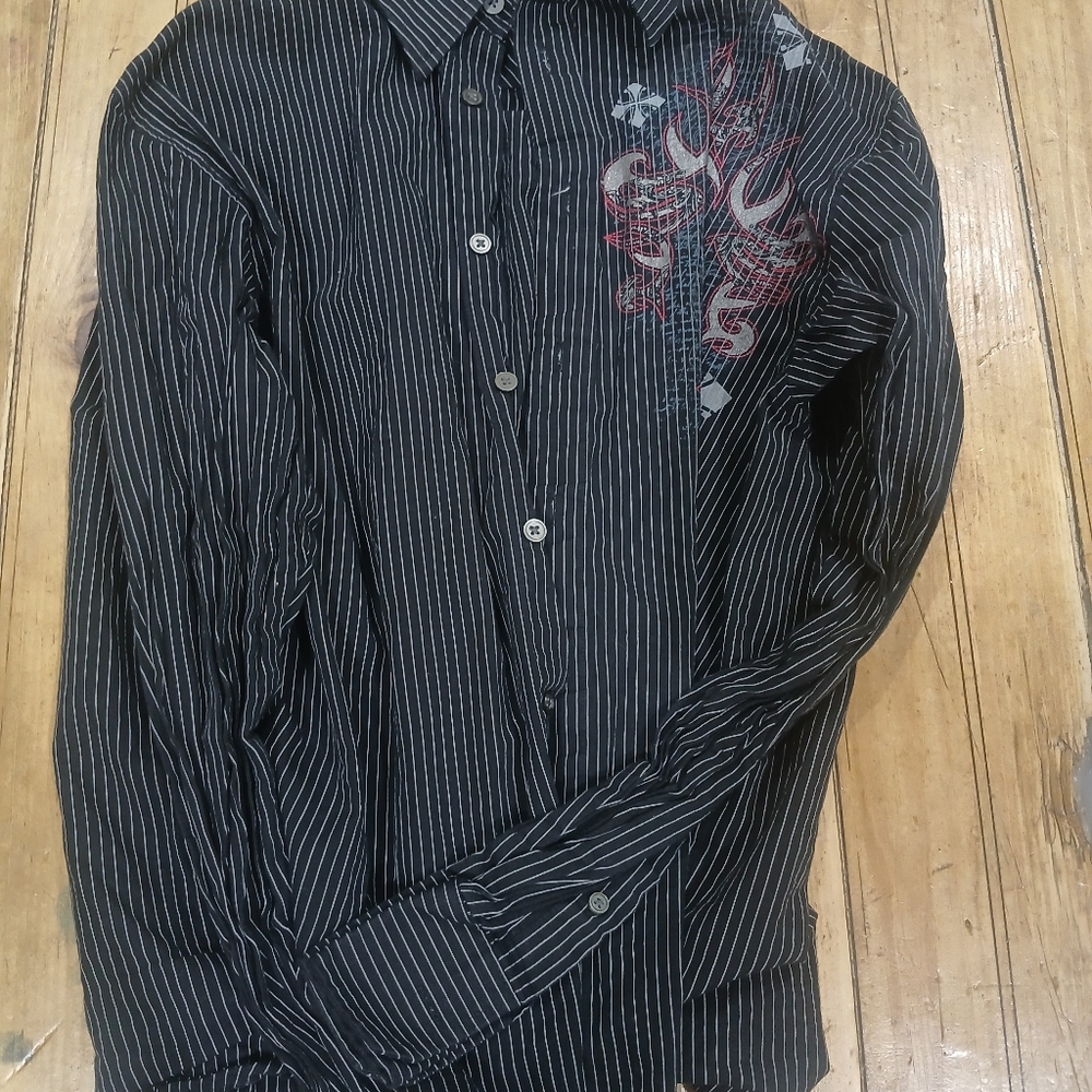 Eighty Eight Black Pinstripe Men's Shirt with Red Accents Y2K Design Size M